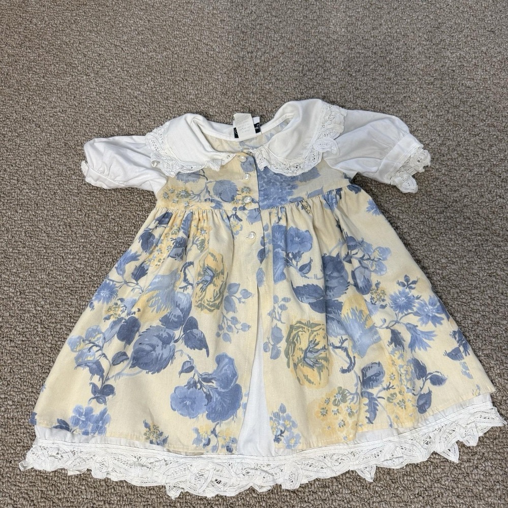 Vintage 80s Jo Lene Baby Toddler Ruffle Collar Floral Dress 2T Made USA *spot